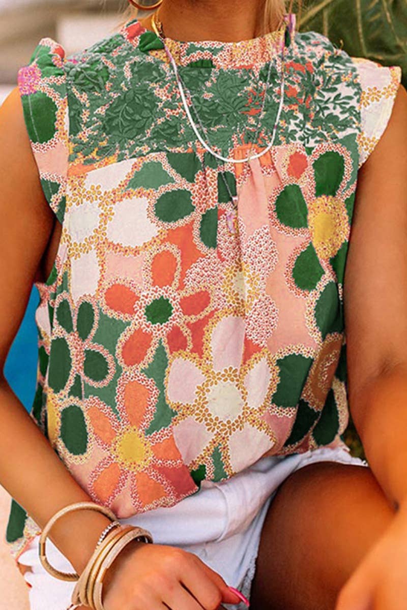 CWTBLSL0525_CREW-NECK RUFFLED SLEEVELESS PRINTED TANK TOP