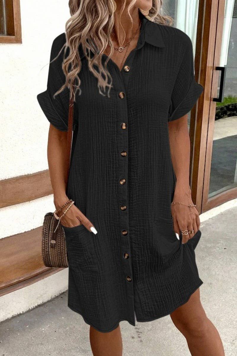 CWDSD10629_WOMEN'S SIMPLE V-NECK BUTTON SHIRT DRESS