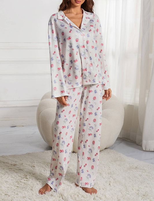 FLOWER AND FRUIT PRINT WIDE LEG PANT PAJAMA SET