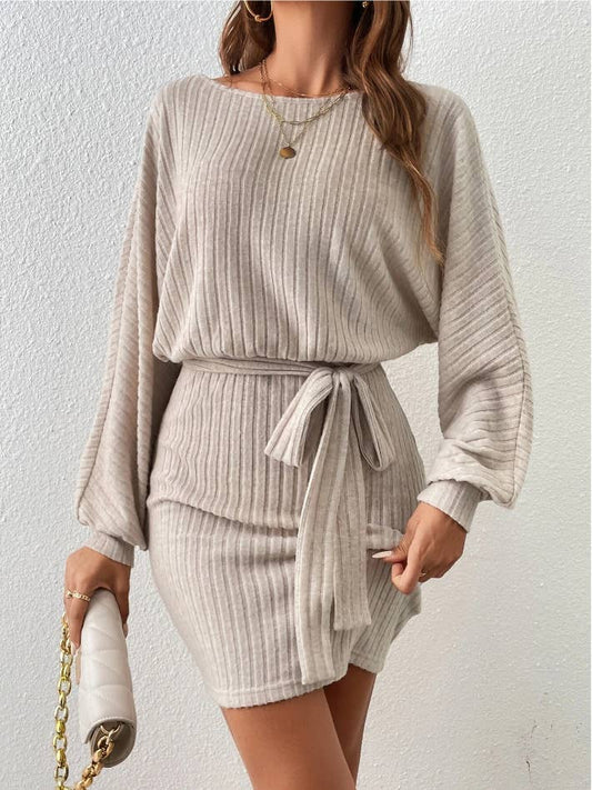 BELT EMBELLISHED BAT PIT STRIP WOOL KNIT DRESS