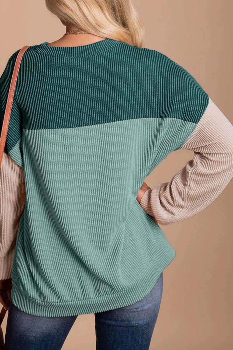 CWTBLL1828_ROUND NECK TWISTED STRIPE COLOR BLOCK LOOSE TOP