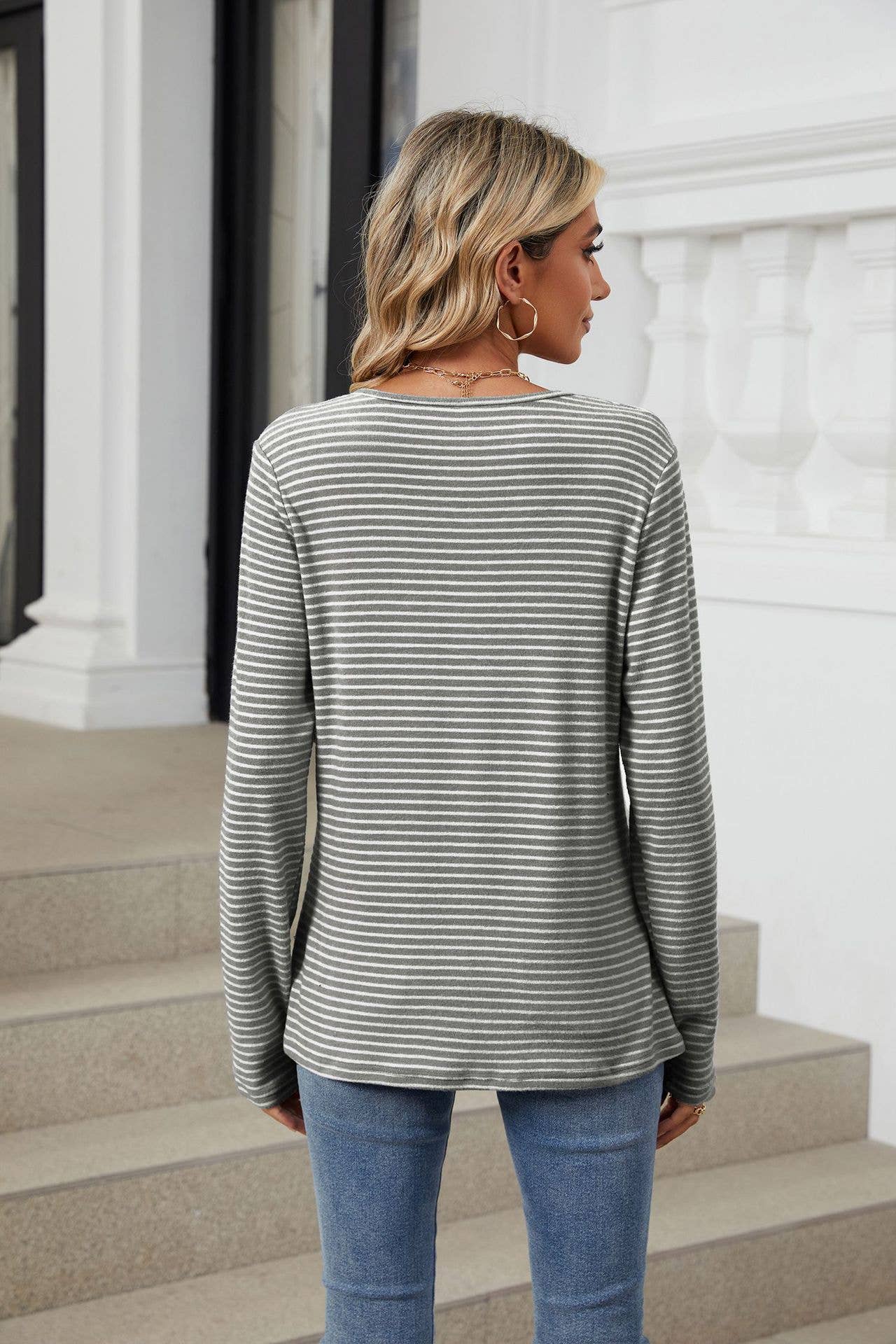 CREW-NECK BUTTON-DOWN LONG SLEEVE STRIPED T-SHIRT