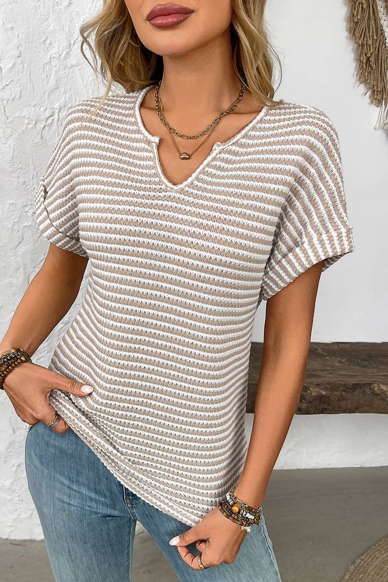 CWTBLS1622_V-NECK LOOSE STRIPED PULLOVER SHORT-SLEEVED TOP