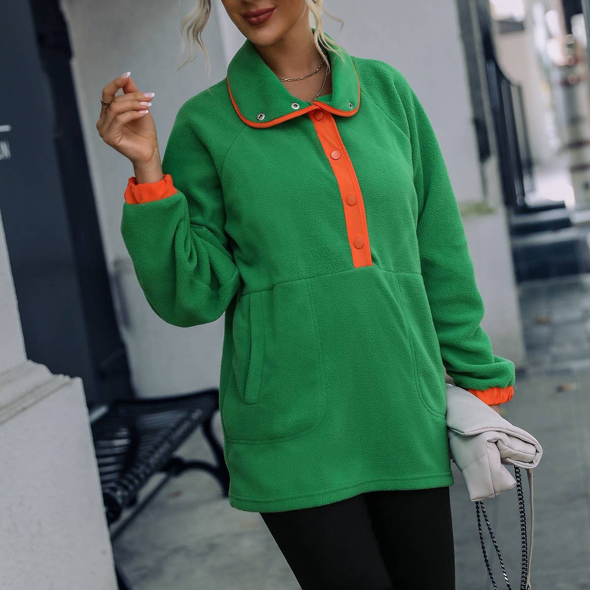 Fleece pullover hoodie with lapel button