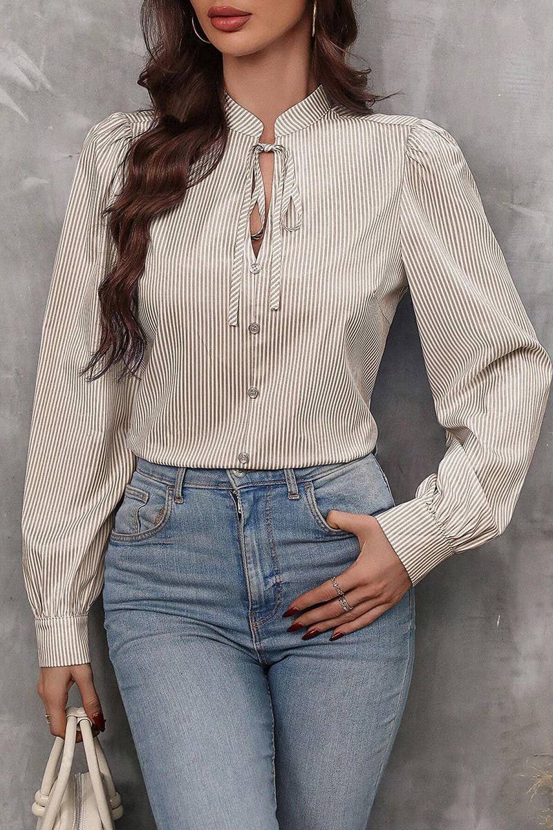 CWTBLL01287_HALF-OPEN COLLAR TIE LONG-SLEEVED STRIPED SHIRT