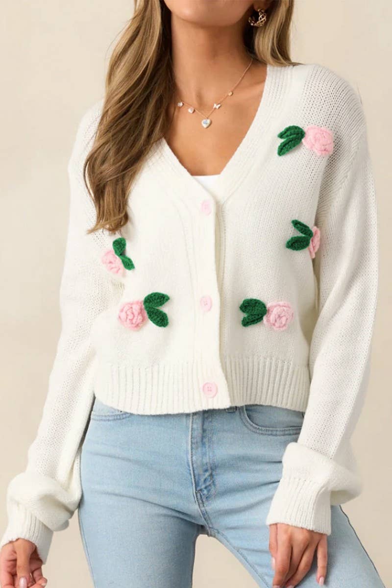 CWOCAL2354_3D FLORAL LONG SLEEVE KNIT CARDIGAN