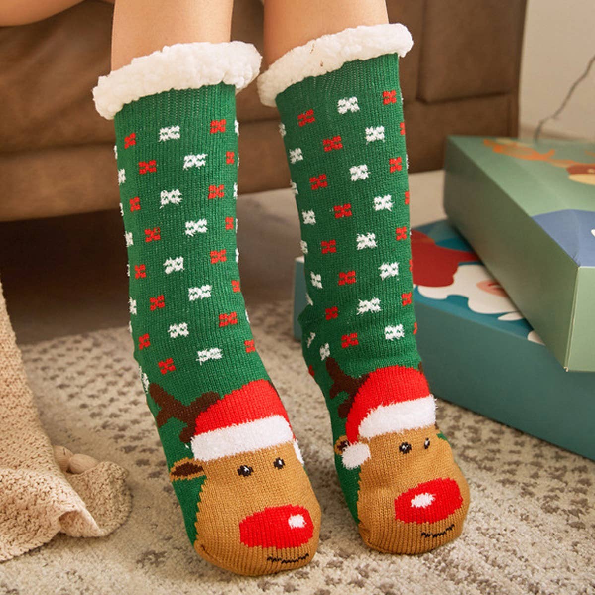 CHRISTMAS ELK MID-TUBE PLUSH INDOOR SLIPPERS