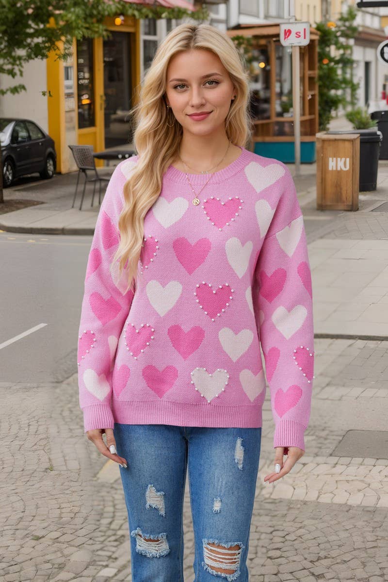 CWOSWL5981_HEART BEADED VALENTINE'S DAY KNITTED SWEATER