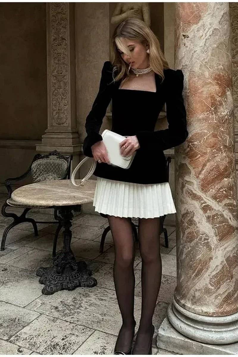 CWDSD10576_LONG SLEEVE COLORBLOCK PLEATED MINI DRESS