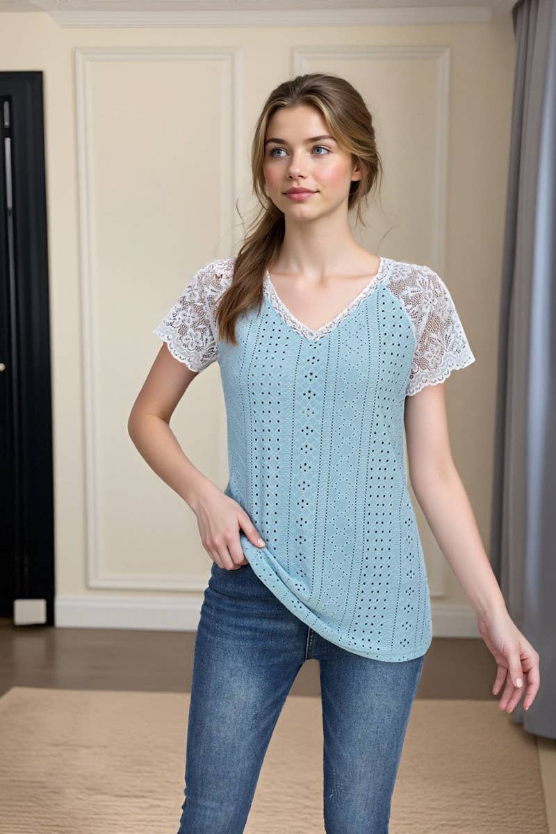 CWTTS00707_SUMMER LACE PATCHWORK SHORT-SLEEVED T-SHIRT