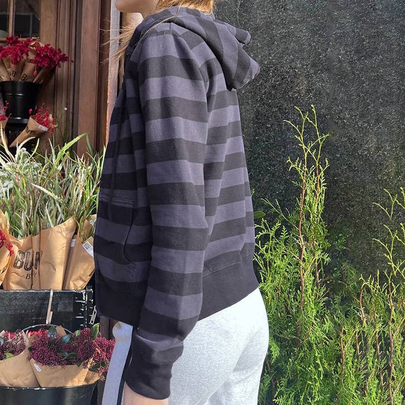BASIC ZIPPER STRIPED COLOR CONTRAST CASUAL HOODIE