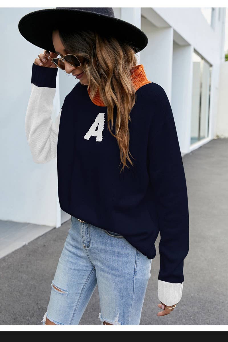 CWOSWL2707_HALF TURTLENECK LETTER JACQUARD LOOSE KNIT SWEATE