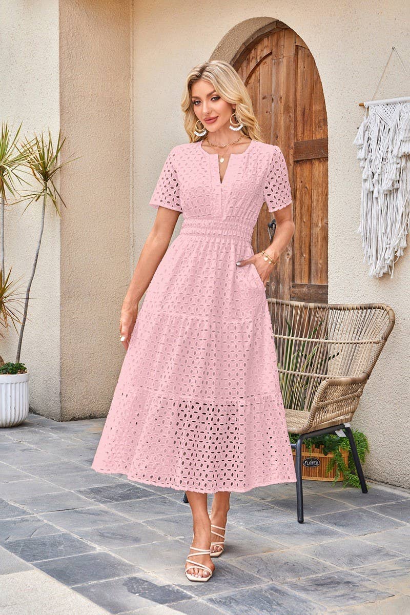 CWDMD6339_V-NECK HOLLOW EYELET PLEATED SHORT SLEEVE DRESS