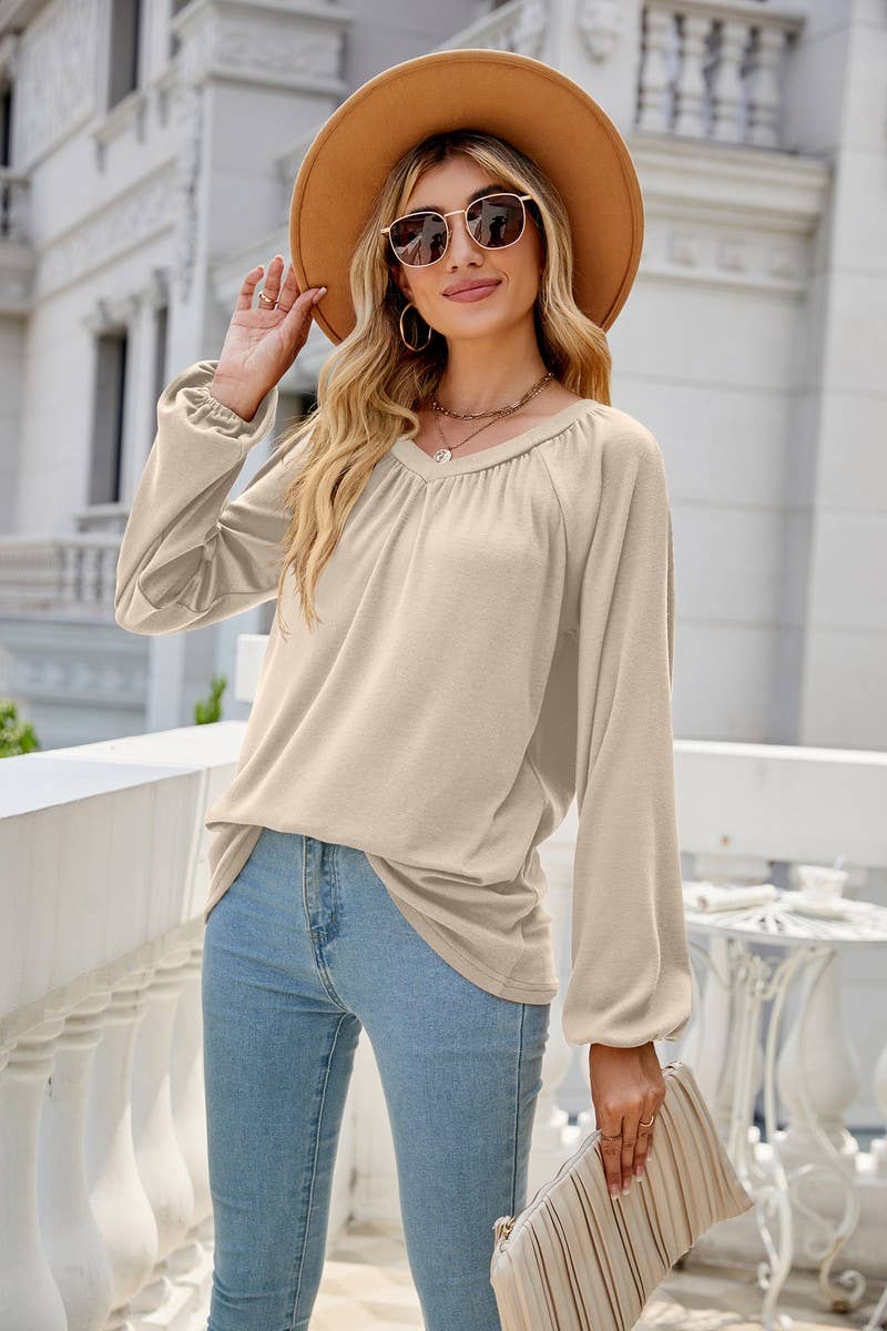 CWTBLL2413_SOLID COLOR LONGSLEEVE V-NECK PLEATED T-SHIRT TOP