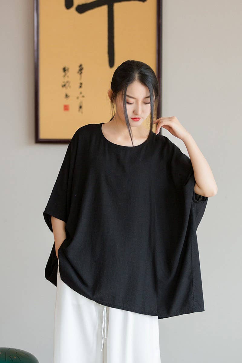 CWTBLS1454_LINEN BATWING SLEEVE SUN PROTECTION TOP