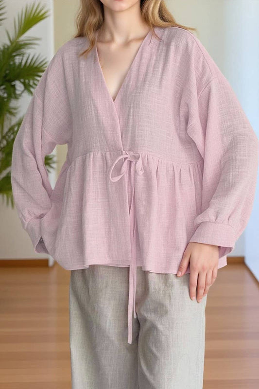 CWSTB00480_2025 SPRING FALL V NECK COTTON LINEN PANTS SET