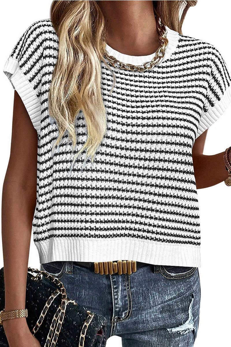 CWTTS1364_SUMMER CREW NECK CASUAL STRIPED KNITTED TOP