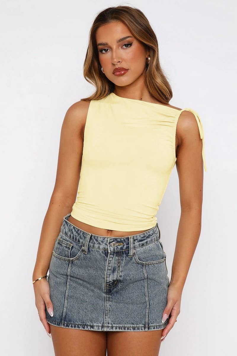 CWTBLSL0674_IRREGULAR SHOULDER STRAP DRAWSTRING PLEATED TOP
