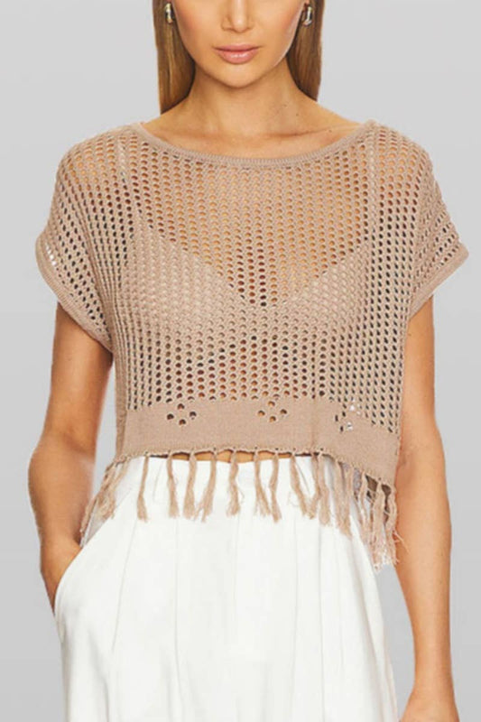 CWTBLS0743_KNITTED CREW NECK SHORT SLEEVE BEACH FRINGE TOP
