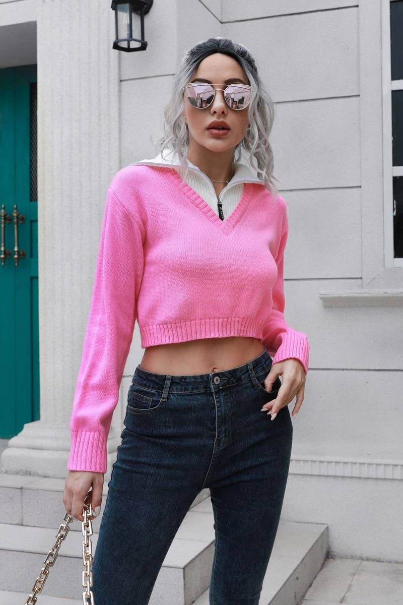 CWOSWL6858_ZIPPERED LAPEL COLORBLOCK CROPPED SWEATER