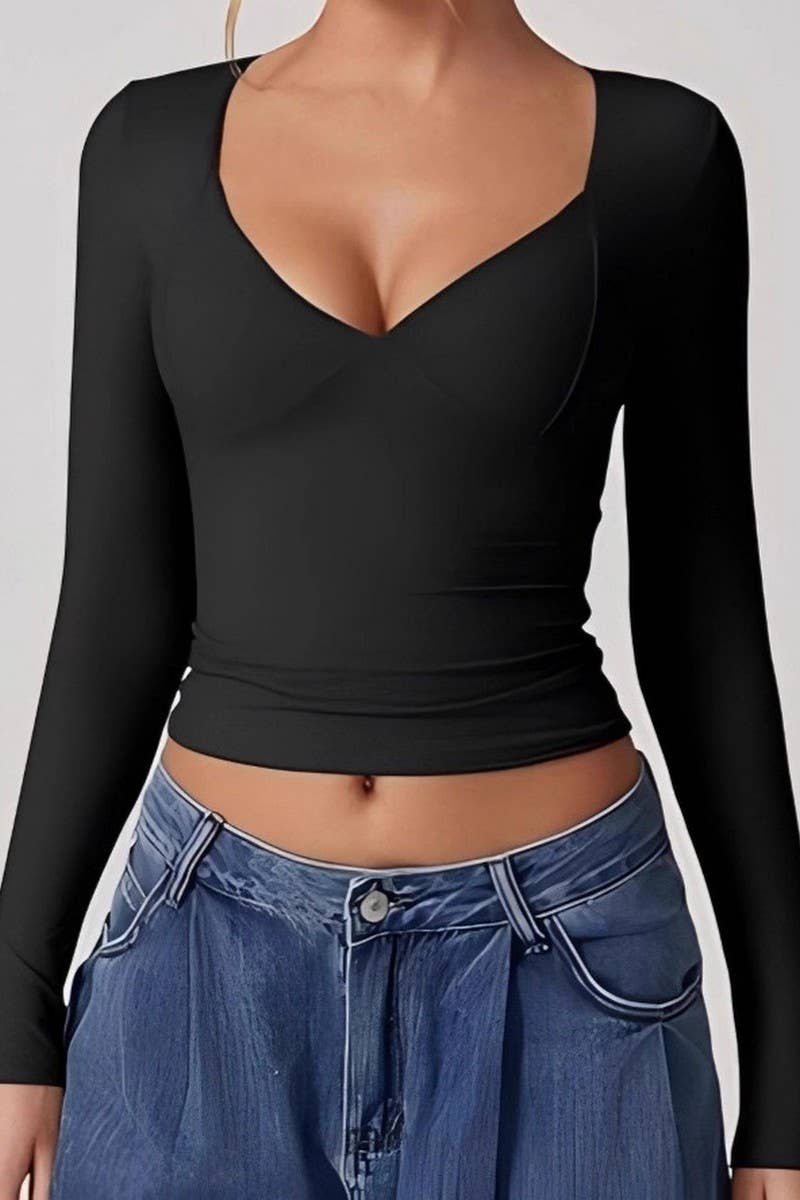 CWTBLL01152_SEXY DEEP V NECK LONG SLEEVE SLIM TEE