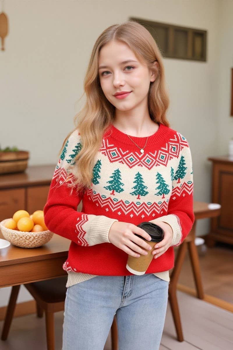 CWOSWL07570_JACQUARD CHRISTMAS TREE PULLOVER SWEATER