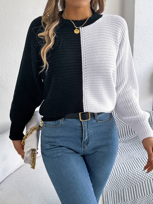COLOR CONTRAST SHOULDER CUFF PULLOVER SWEATER