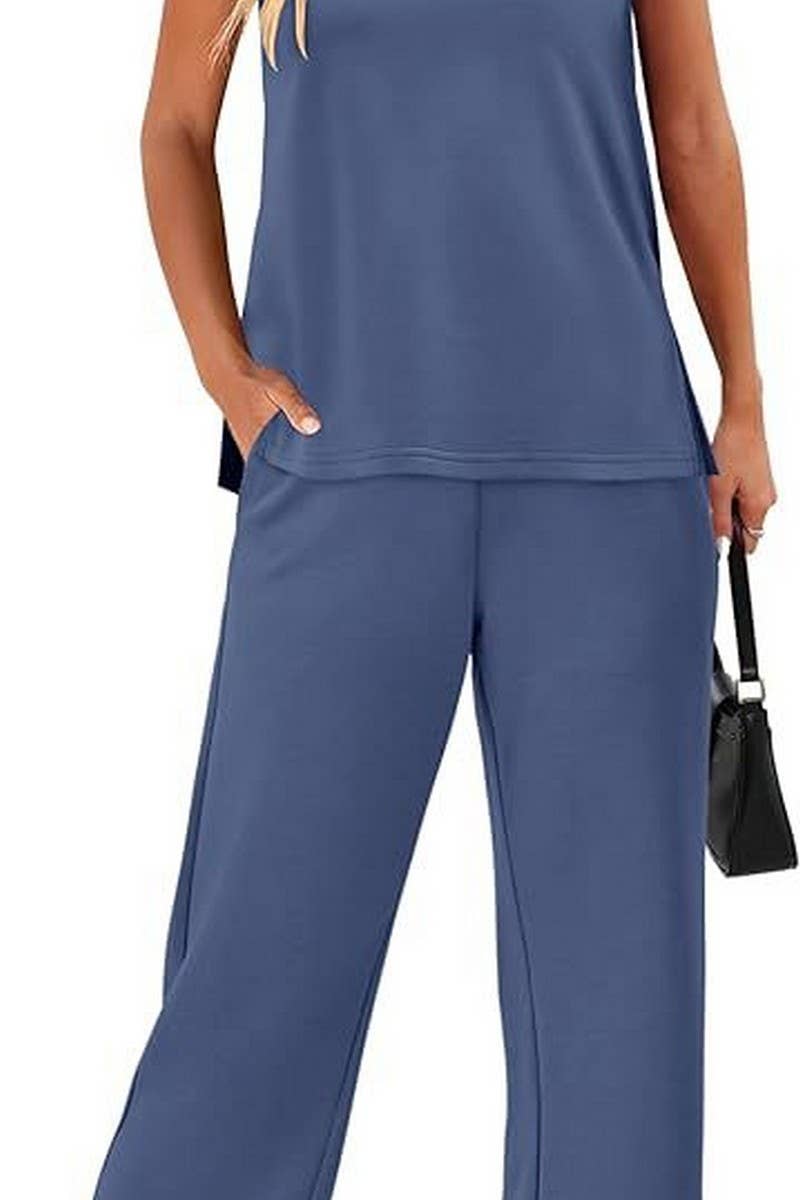 CWSS01304_SUMMER V-NECK VEST CASUAL PANTS MATCHING SET