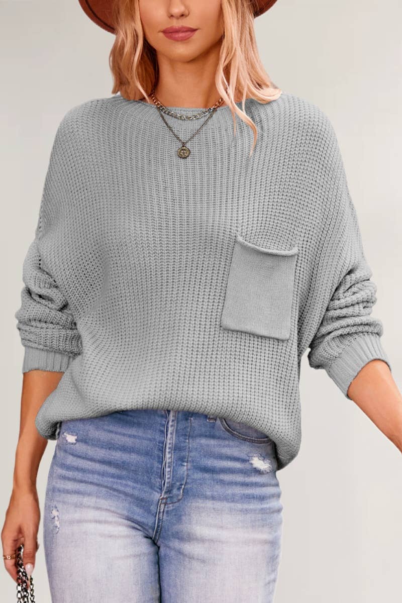 CWOSWL5884_CREW-NECK POCKET LONG-SLEEVED SWEATER