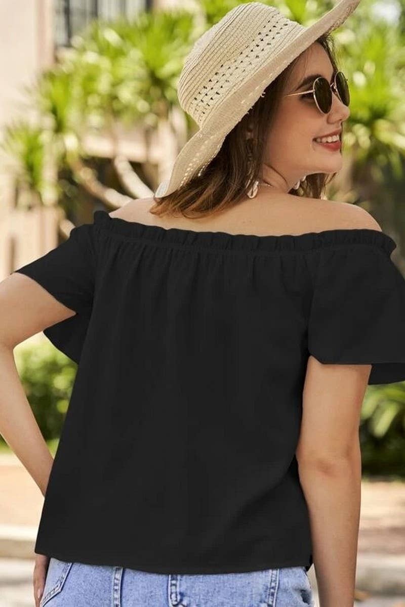 CWTBLS1493_SOLID COLOR OFF-SHOULDER RUFFLE SHIRT TOP