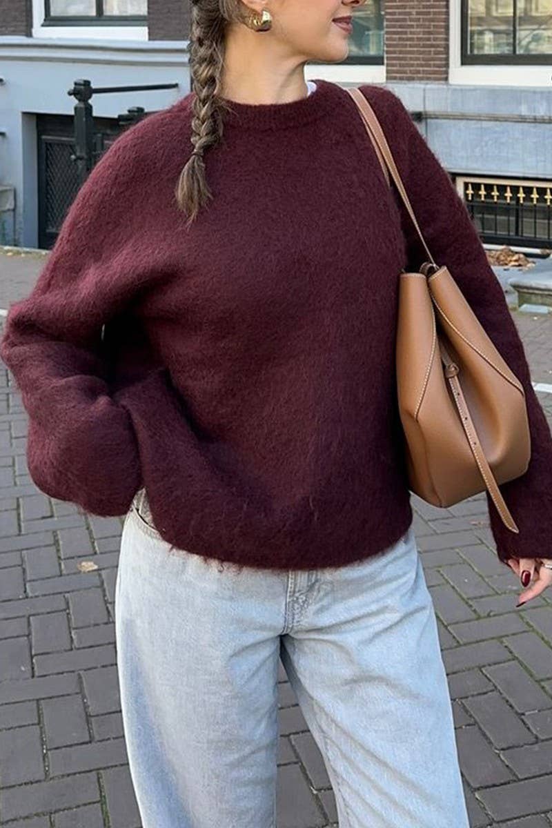 CWOSWL07523_SOLID COLOR LONGSLEEVED KNITTED PULLOVER SWEATER