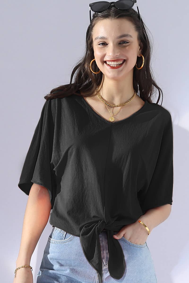 CWTTS700_V NECK TIE UP SHORT SLEEVE CASUAL COOL TOP