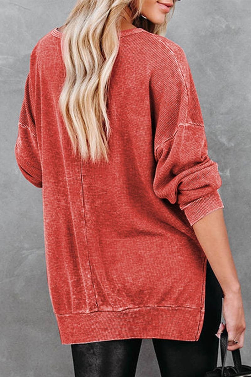 CWTBLL3047_SOLID COLOR CREW NECK LONG SLEEVE SPLIT TOP