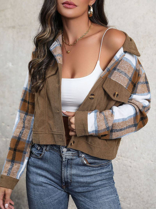 Corduroy check vintage lapel cardigan coat