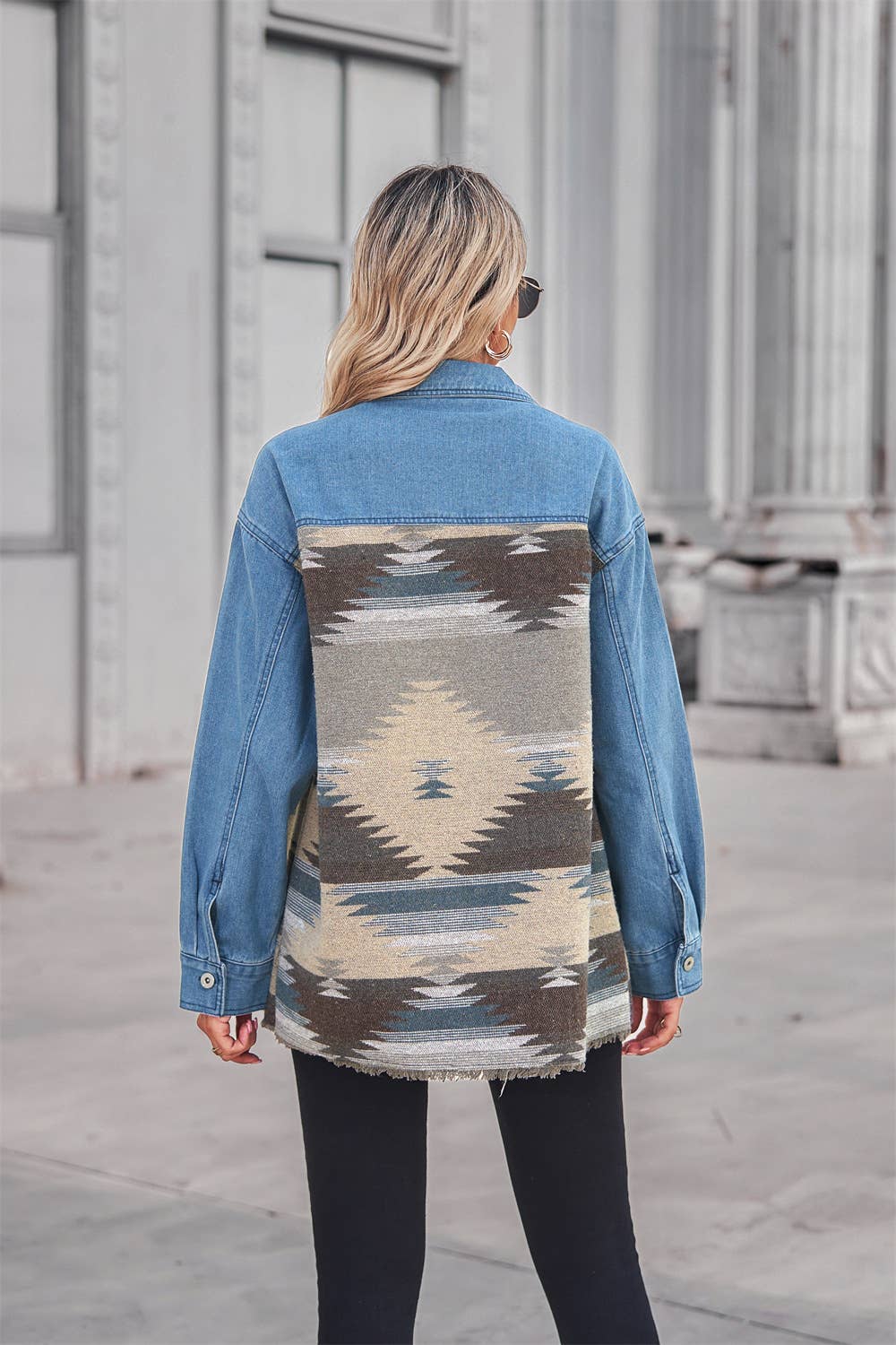 Denim patchwork lapel button-down woolen coat