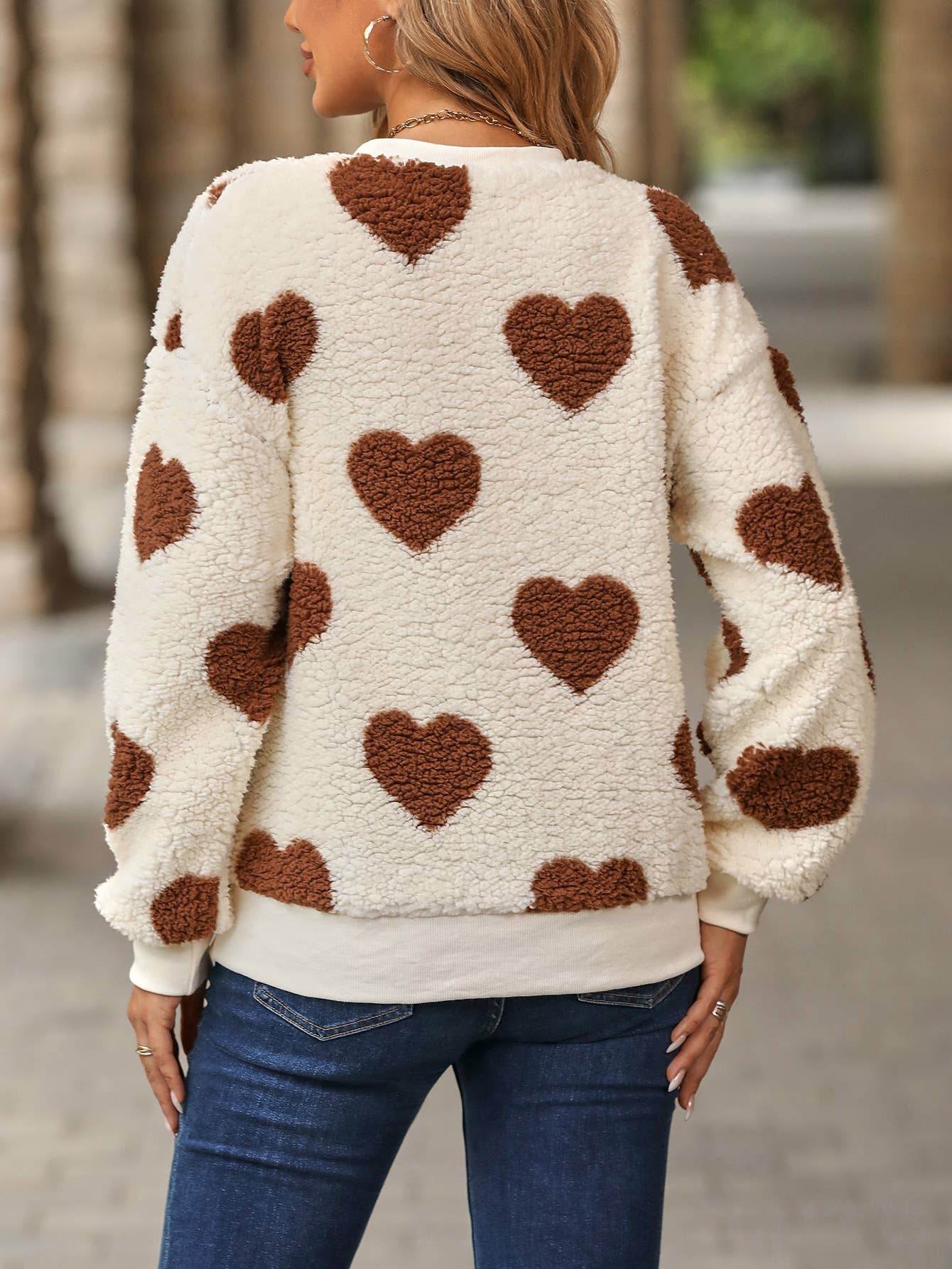 Fleece love print loose round neck pullover hoodie