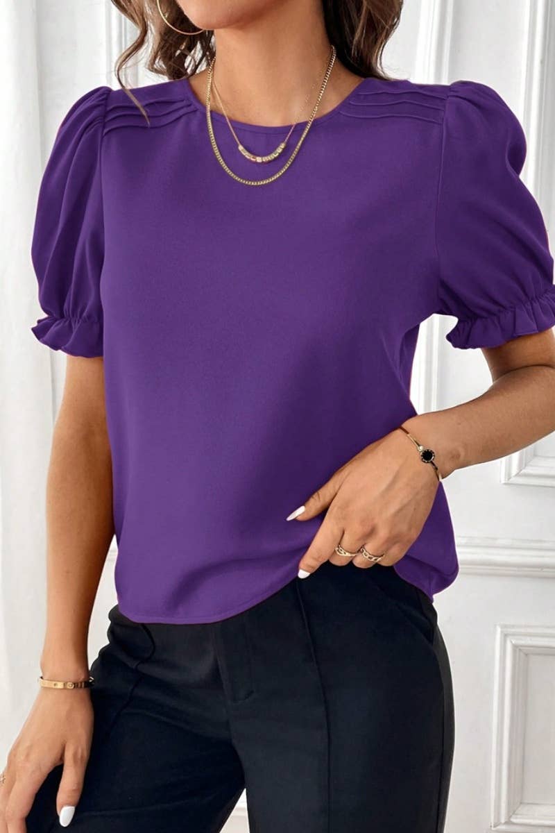 CWTBLS1133_SUMMER FASHION CREW-NECK SOLID COLOR SHIRT TOP
