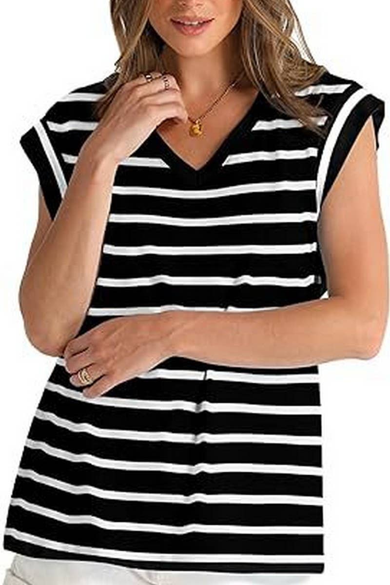 CWTTS1089_V-NECK STRIPED RAGLAN SLEEVE CASUAL T-SHIRT