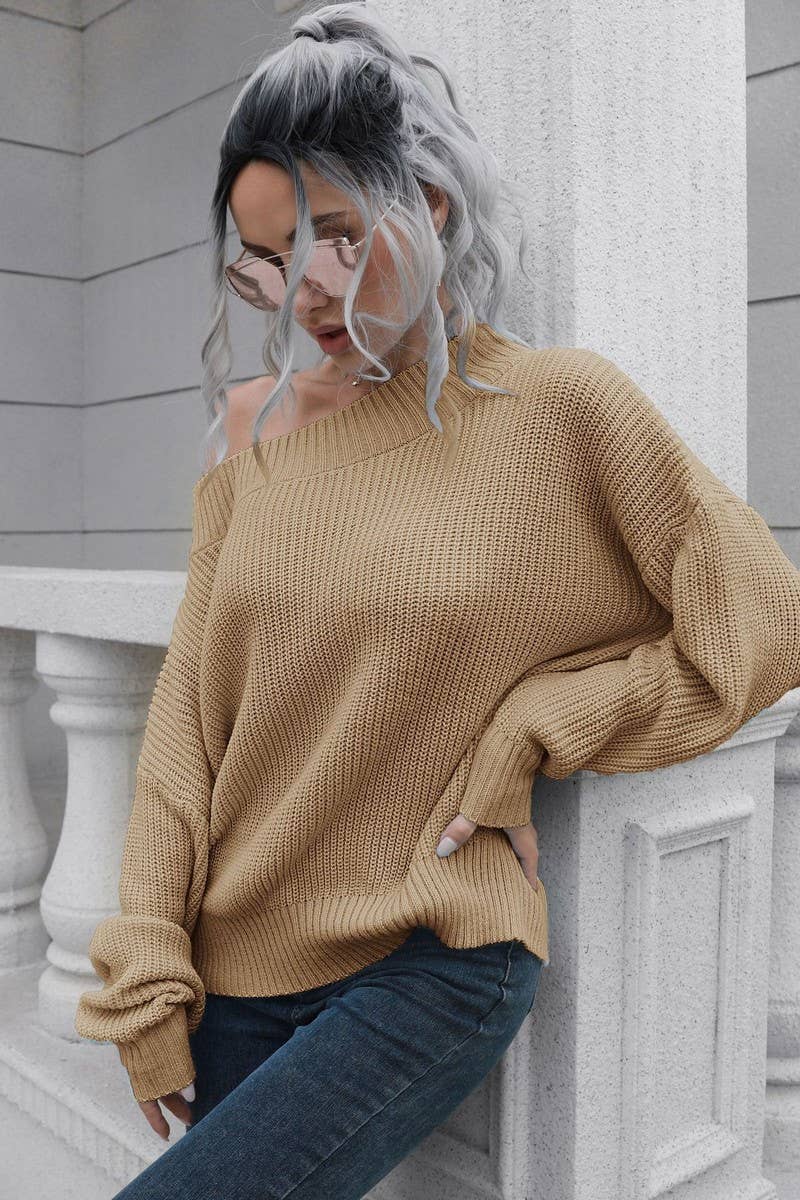CWOSWL3882_OFF-SHOULDER LONG-SLEEVED KNITTED SWEATER