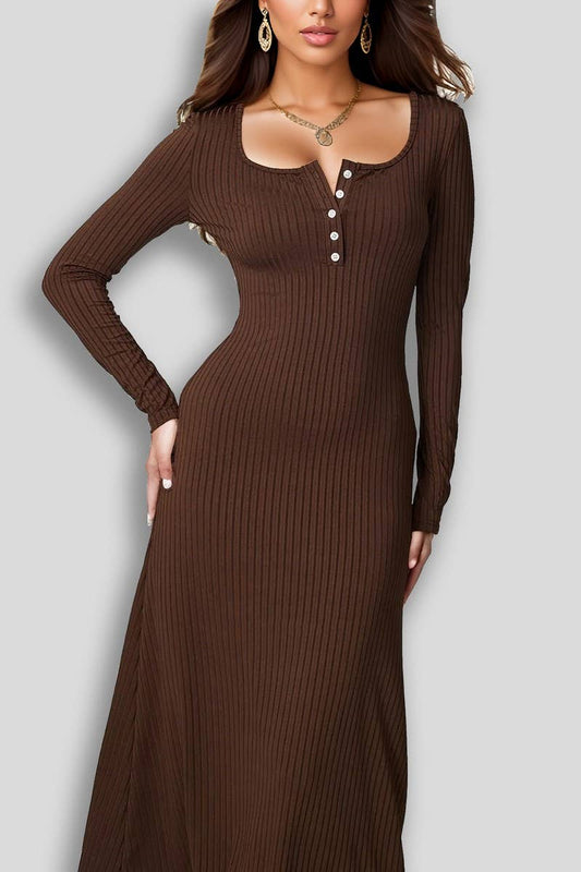 CWDMD5010_BUTTON FRONT SQUARE NECK LONG SLEEVE MAXI DRESS