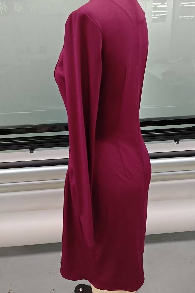 CWDMD01234_SEXY V NECK RUCHED BODYCON DRESS WOMEN LONG SLEEV
