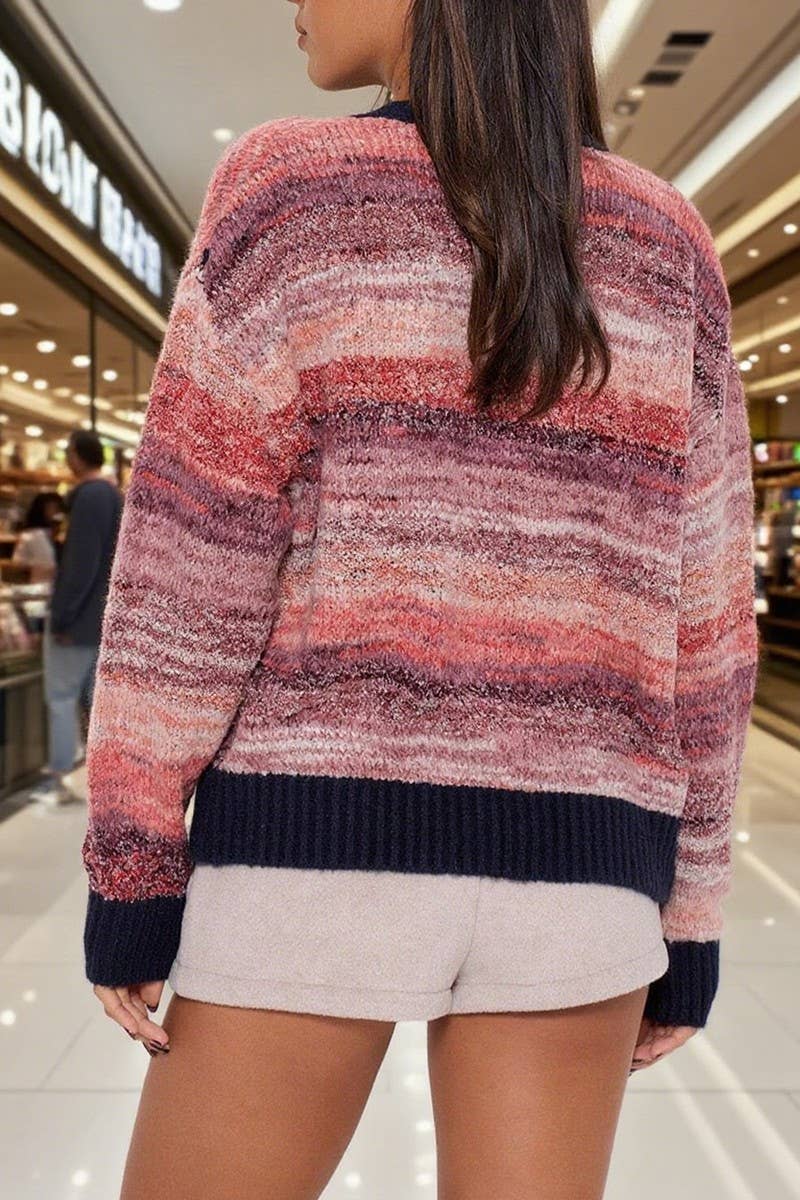 CWOCAL00829_GRADIENT STRIPE V NECK CROPPED KNIT CARDIGAN