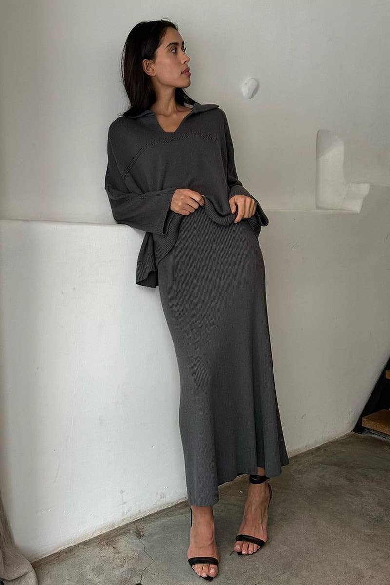 CWSS0750_KNITTED V-NECK LONG SLEEVE SWEATER SKIRT SET