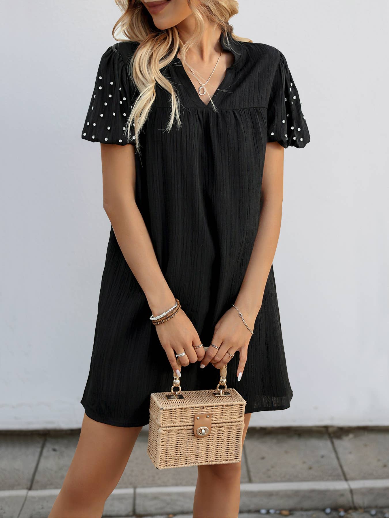 Beaded lantern sleeve fashion simple dress