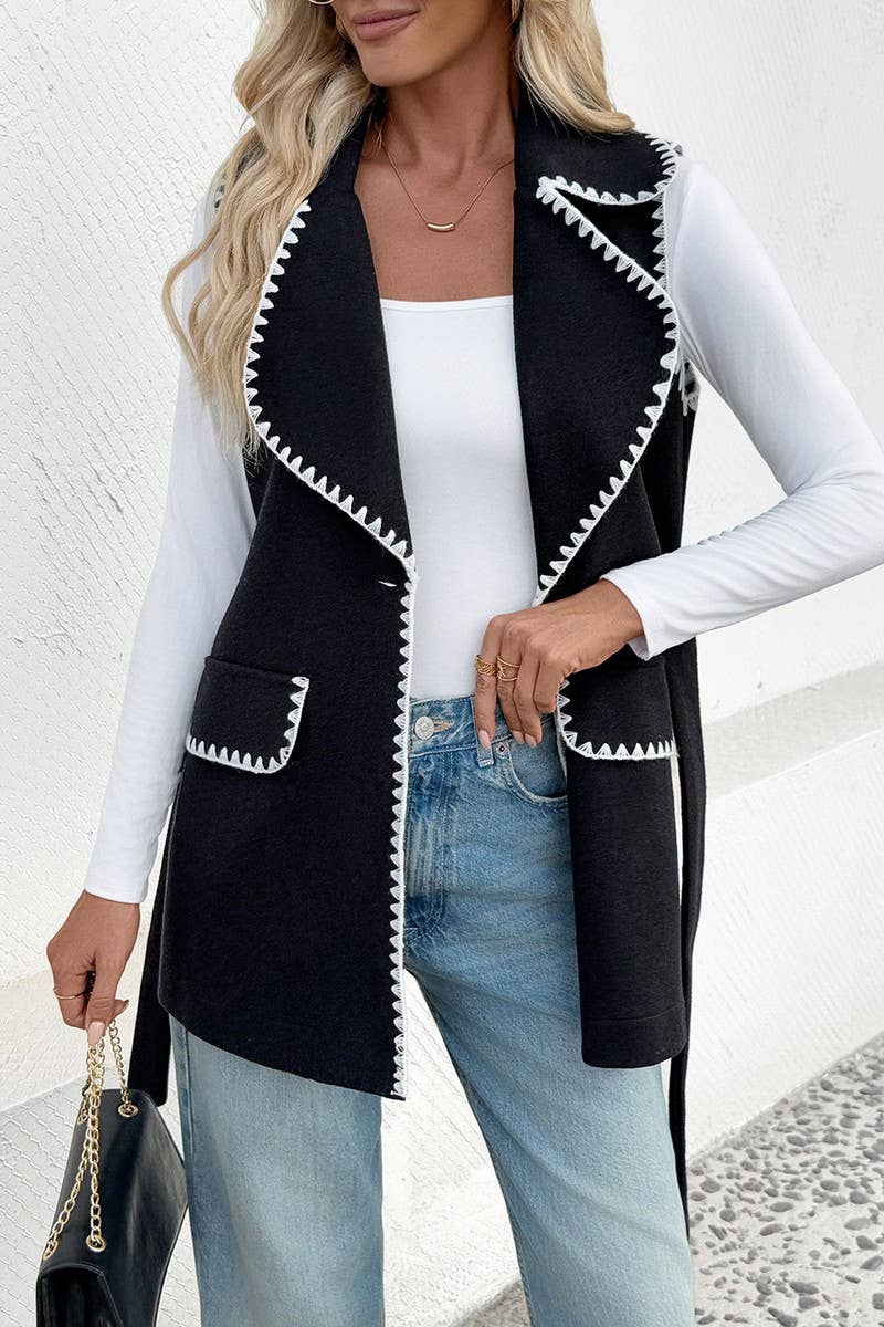 CWOV00105_TIE FRONT LAPEL CONTRAST TRIM VEST JACKET