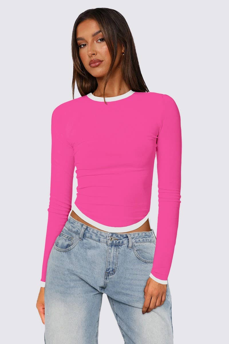 CWTBLL3751_ROUND NECK CONTRAST COLOR LONG SLEEVE TOP