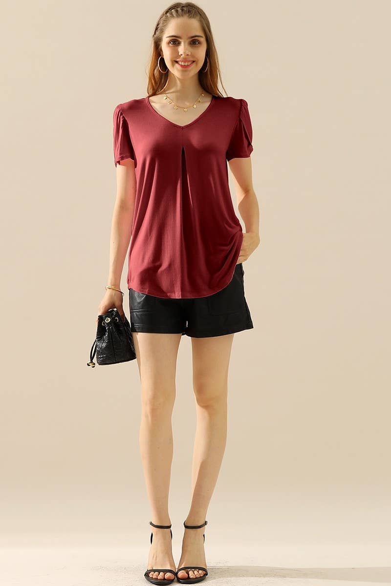 CWTTS561_SOLID V NECK SHORT TULIP SLEEVE TUNIC TOPS