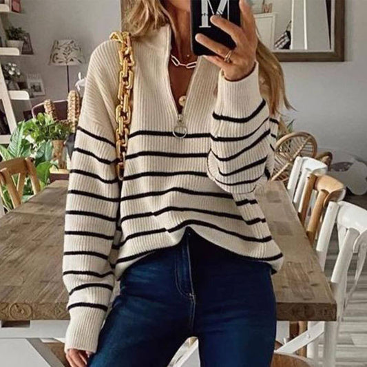 COLOR-MATCHING STRIPED HALF-ZIP PULLOVER SWEATER
