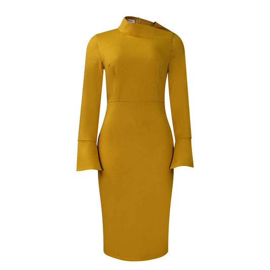 FASHION LONG SLEEVE OBLIQUE NECKSTRETCH KNIT DRESS_CWDMD3675