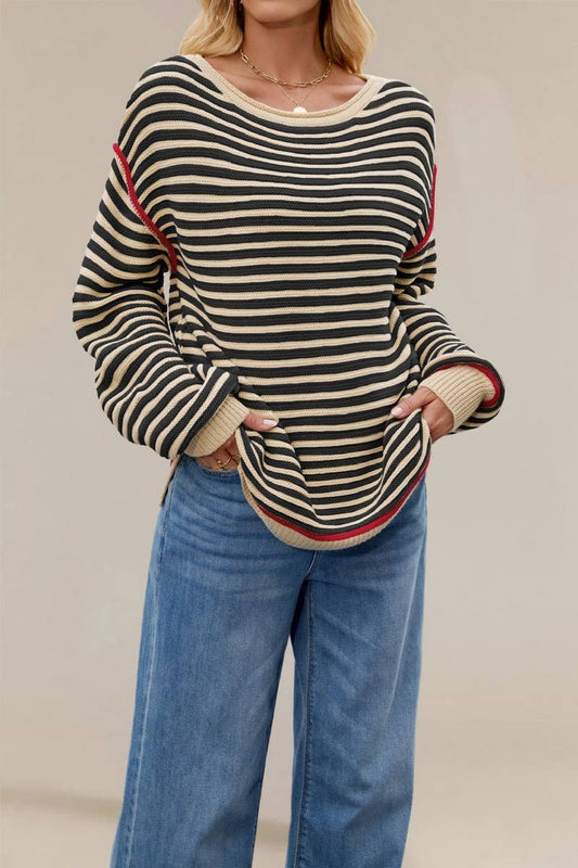 CWOSWL7017_STRIPED PULLOVER LOOSE LONG-SLEEVED KNITTED TOP